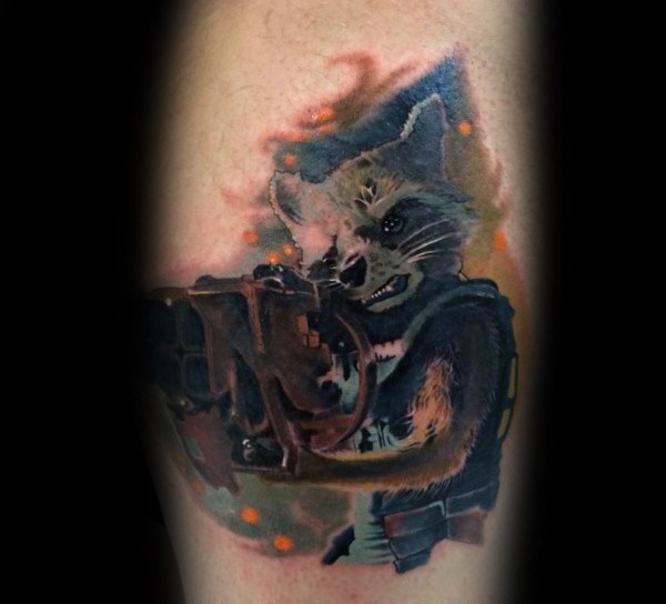 腿部水彩画风电影浣熊战士纹身图案