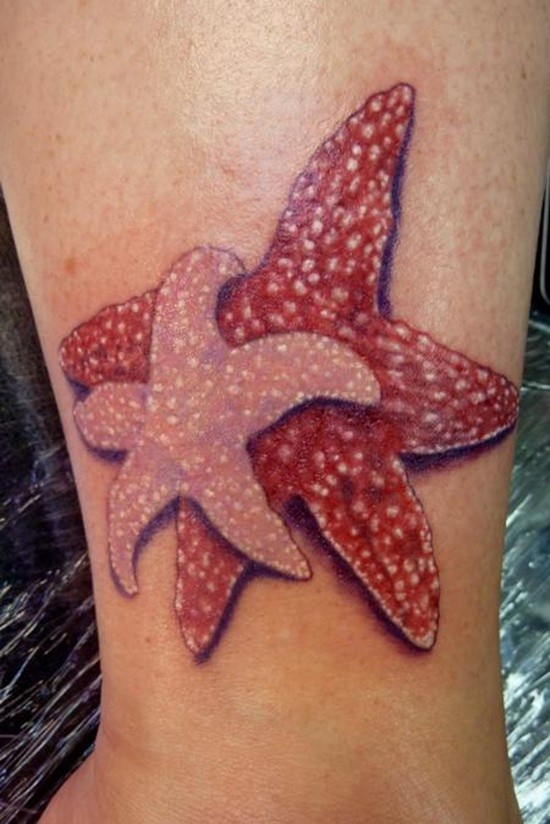 女性腿部彩色海星纹身图片