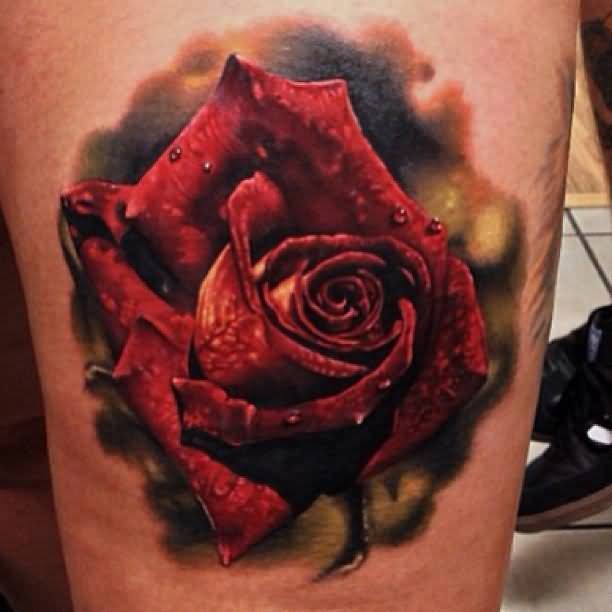 腿部现实主义风格的彩色玫瑰纹身图案