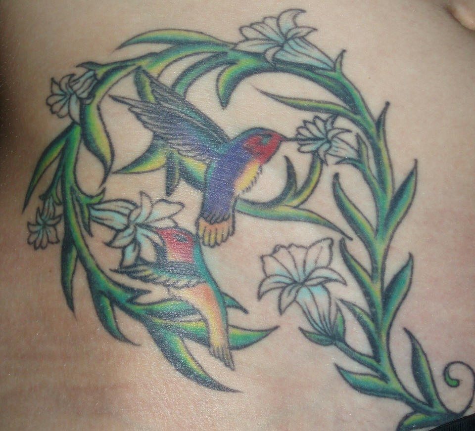 腿部彩色蜂鸟与藤蔓纹身图案
