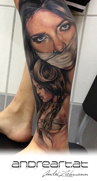腿部彩色女人绑嘴肖像纹身图案
