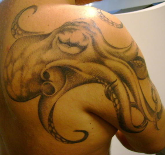 男性肩部彩色章鱼纹身图片