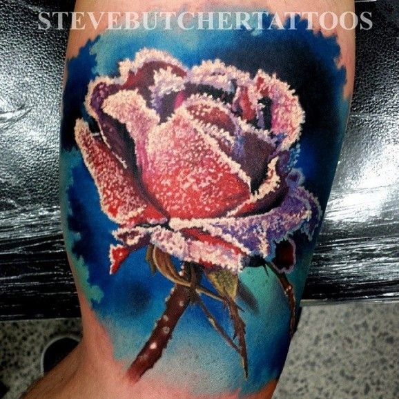腿部彩色玫瑰覆盖霜纹身图案