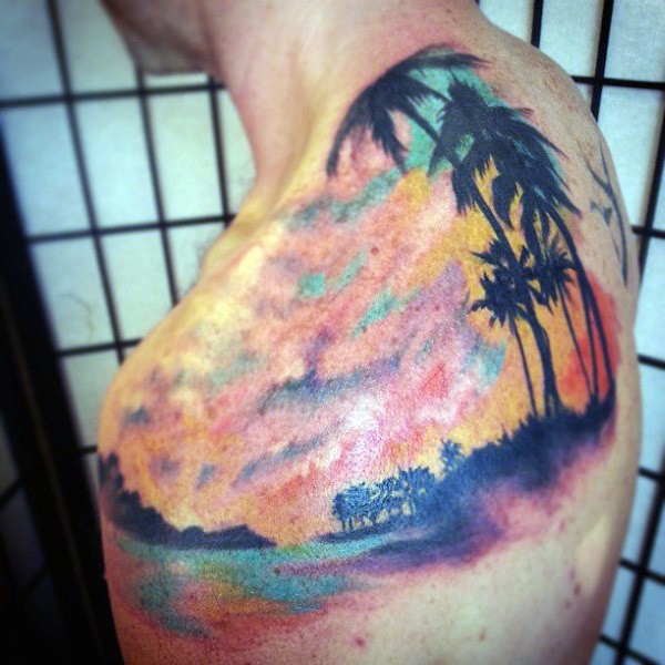 肩部彩色海滩和棕榈树纹身图片