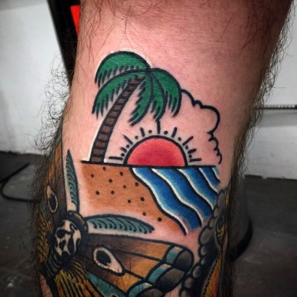 腿部彩色棕榈树日出纹身图案