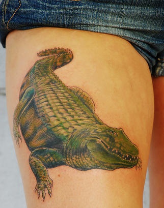 腿部彩色写实鳄鱼纹身图案