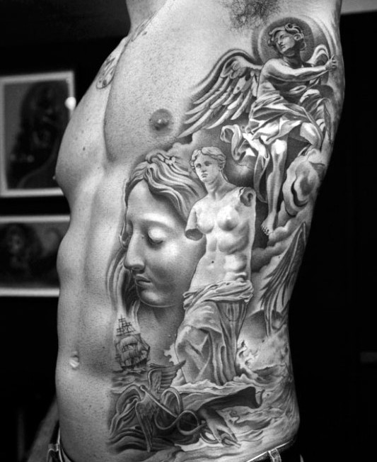 腰侧黑白天使雕像纹身图片