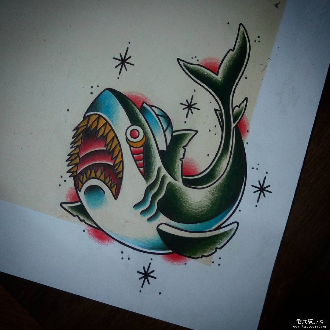 old school彩色鲨鱼纹身图案手稿