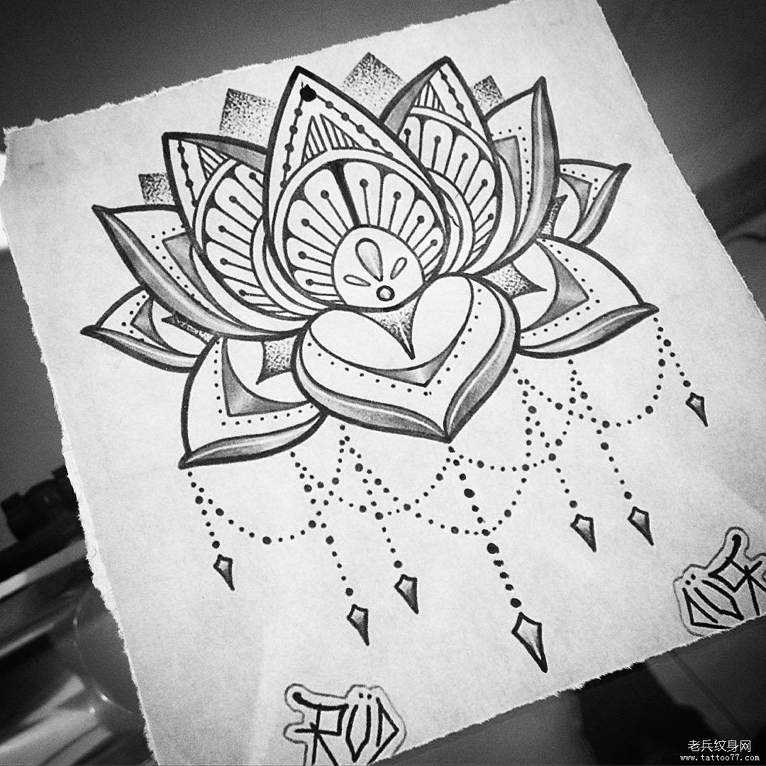 莲花梵花点刺纹身图案手稿