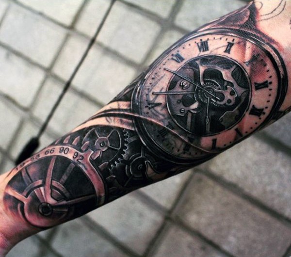 手臂黑白机械时钟纹身图案