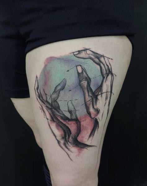 腿部素描彩色纹身图案