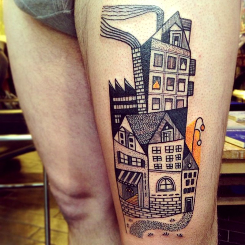 腿部彩色旧城市房屋纹身图案
