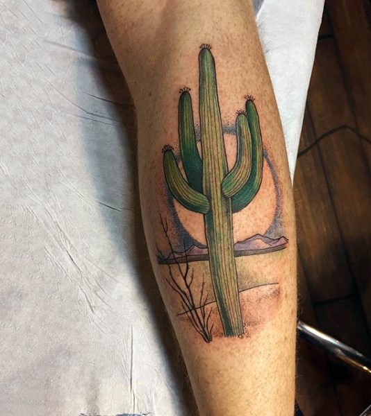 手臂彩色沙漠仙人掌纹身图案