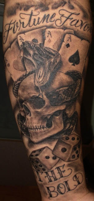 手臂黑灰蛇和骷髅纹身图案