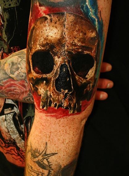手臂自然色骷髅头写实纹身图案
