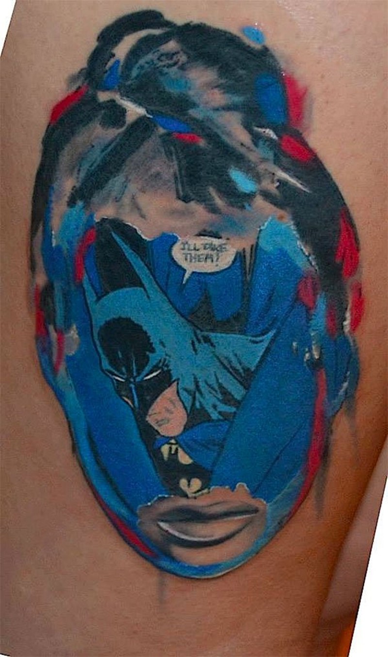 腿部彩色蝙蝠侠主题纹身图案