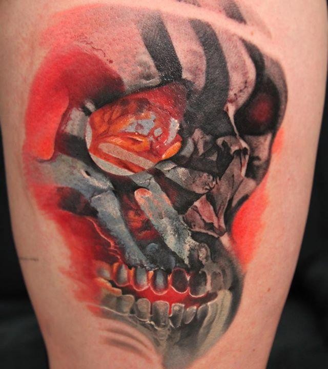 腿部插画风格彩色人类骷髅纹身图案