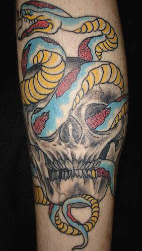 手臂彩色骷髅蛇纹身图片