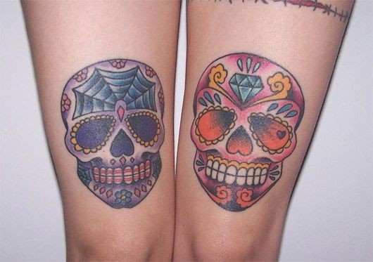 女性腿部彩色骷髅纹身图片