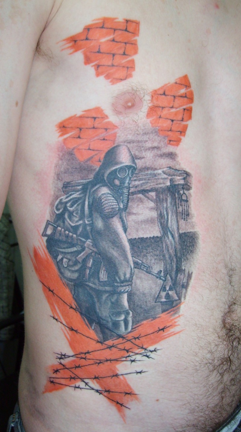 胸部士兵防毒面具纹身图案