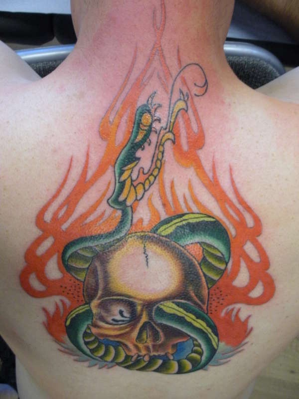 背部彩色骷髅蛇纹身图案