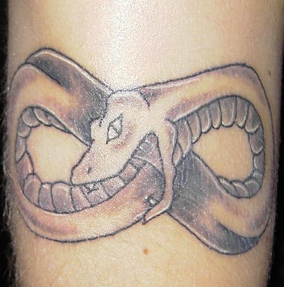 腿部彩色蛇吃尾巴纹身图案