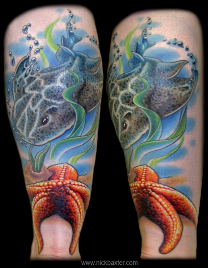 手臂彩色海星详纹身图案
