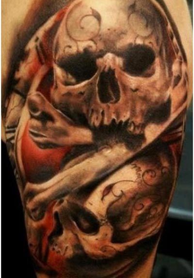 手臂欧美老式骷髅头与骨骼纹身图案