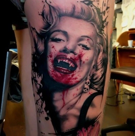 腿部恐怖画吸血鬼纹身图案