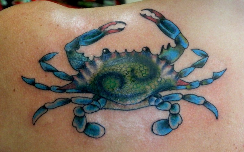 肩部彩色的蓝蟹纹身图案