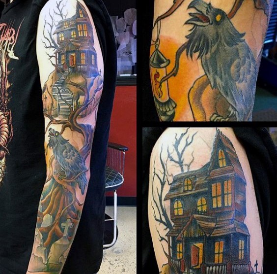 手臂彩色房屋乌鸦纹身图案