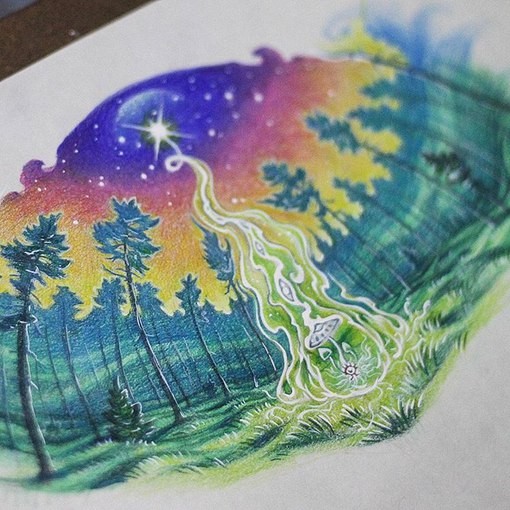 彩色的神秘森林纹身图案手稿
