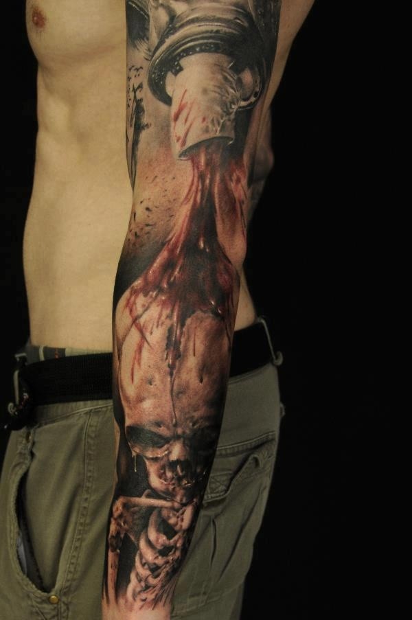 男性手臂骷髅写实纹身图案