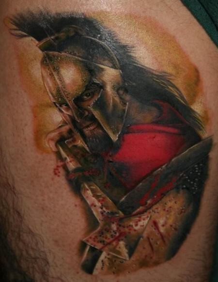 腿部斯巴达战士纹身图案