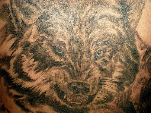 黑白愤怒的狼纹身图案