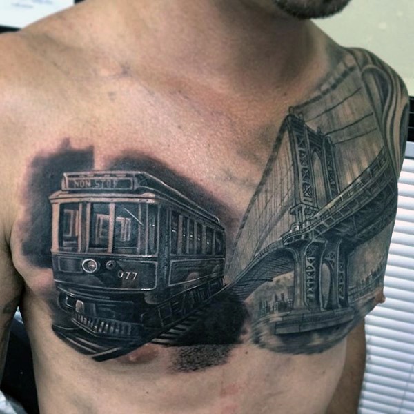 胸部彩色现实主义火车纹身图案