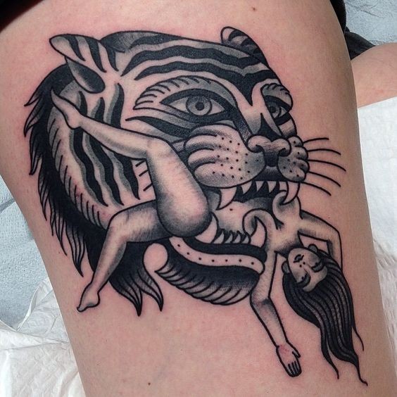 大腿老虎与女人纹身图案