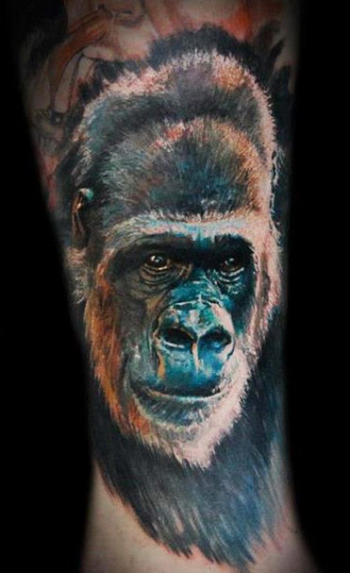 腿部写实彩色大猩猩纹身图案