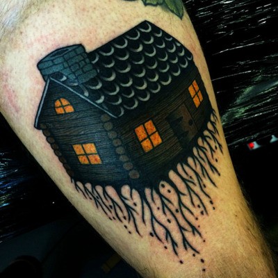 腿部彩色房子纹身图案