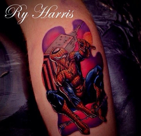 手臂上彩色动漫人物的纹身蜘蛛侠卡通纹身小图片