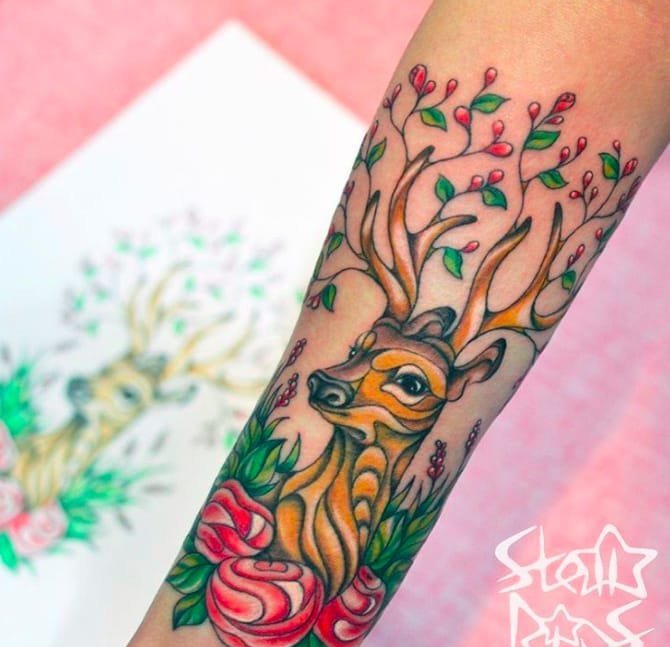 漂亮的彩色纹身动物和植物纹身小花朵纹身图案