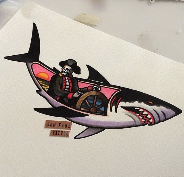 彩色大海风景纹身动物解剖鲨鱼纹身手稿图案