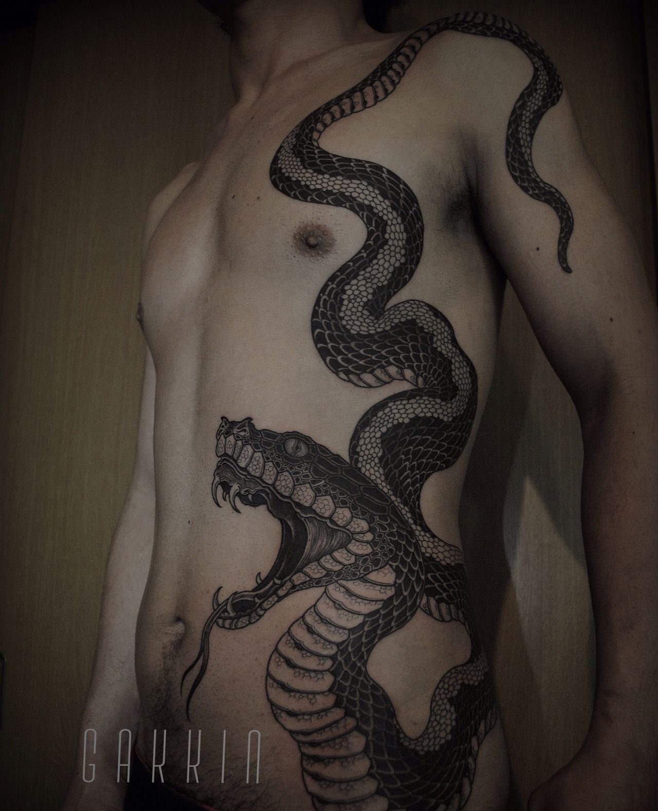 黑色和白色手臂眼镜蛇纹身动物几何点刺纹身图案