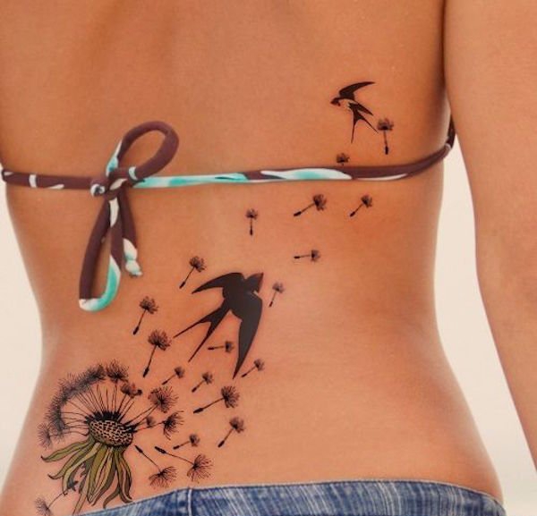 女性身上多种风格的蒲公英纹身动物图案纹身
