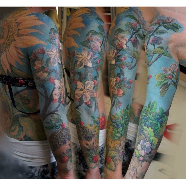 彩色的植物藤花朵纹身动物满臂花臂纹身图案大全