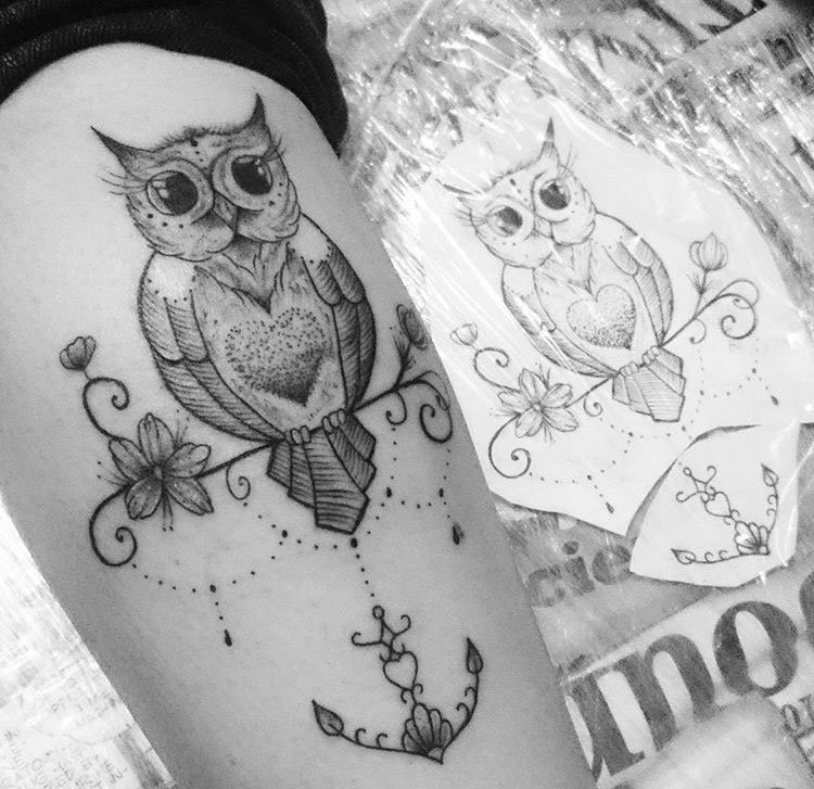 黑色线条几何纹身点刺技巧猫头鹰纹身动物图案纹身