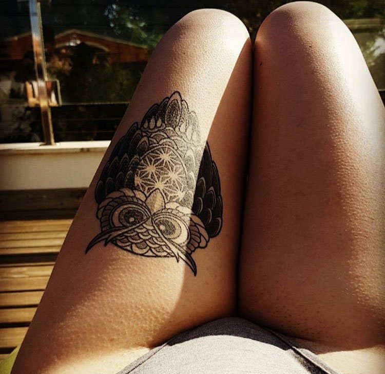 黑色线条几何纹身点刺技巧猫头鹰纹身动物图案纹身
