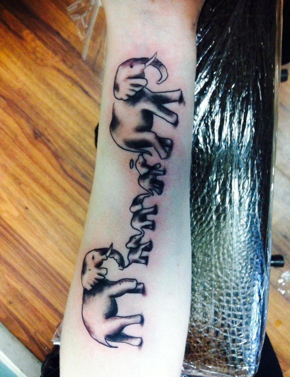 女性手臂上黑色五只象纹身动物简易纹身素描图片