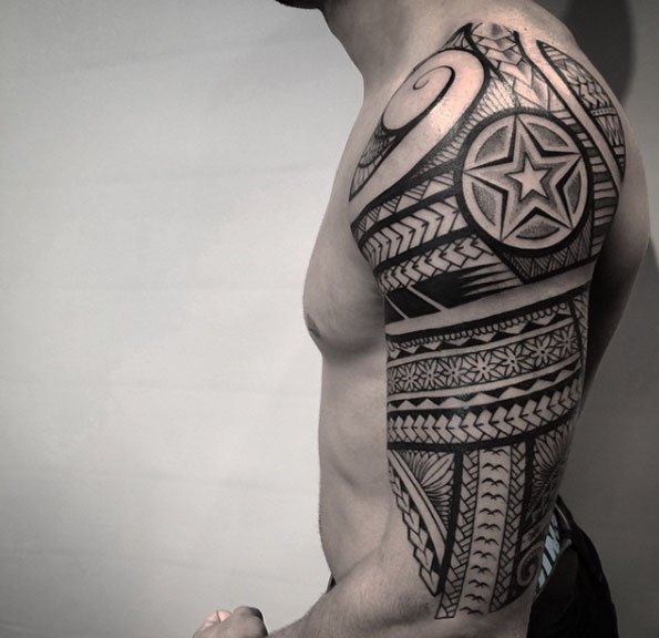 黑色几何线条纹身点刺技巧花臂半甲纹身男士霸气纹身图案