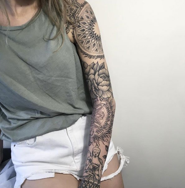 女性手臂线条纹身点刺技巧文艺花臂纹身素描技巧纹身图案
